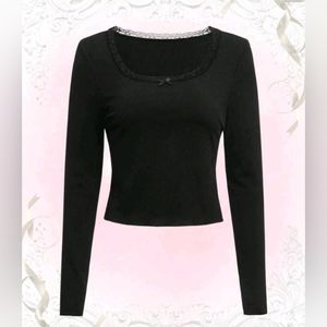 Romwe: black solid contrast lace ribbed tee
